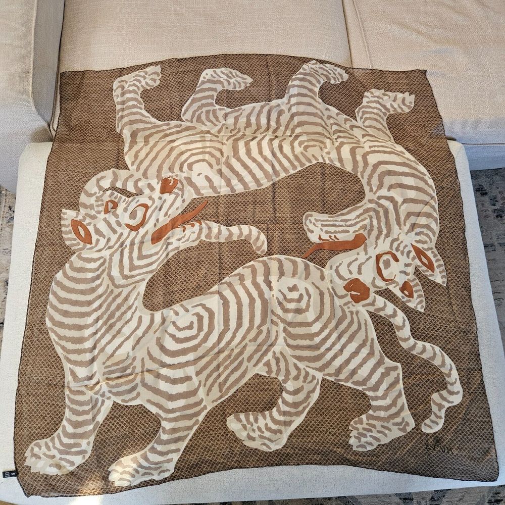 ESCADA 100% Silk Scarf Tiger Animal Print Made in Italy Brown 33 inch Square - Picture 7 of 7